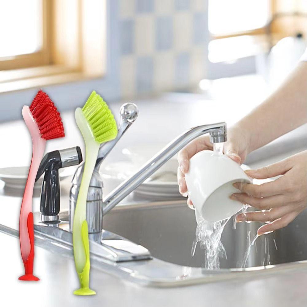 Suction Cup Dishwashing Brush Vertical Sink Cleaning Scrub Portable Pot Cleaning Brush  Kitchen