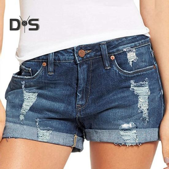 Джинсовые шорты для женщин, рваные джинсовые шорты со средней посадкой и карманами, летние повседневные эластичные джинсовые шорты с манжетами и подолом