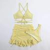 3Pcs/Set Women Swimsuit Solid Color Wave Texture Sexy Split Bikini with Drawstring Ruffle Trim Skirt Lace-up Beachwear