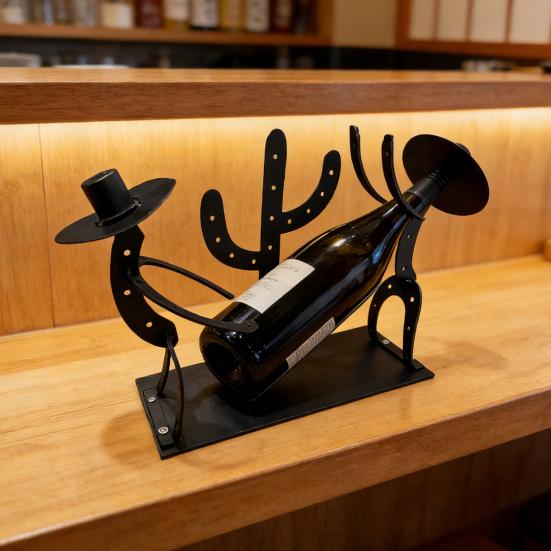 Wine Bottle Holder Cowboy Cactus Silhouette Rustic Southwestern Metal Wine Rack Tabletop Stable Storage Organizer Dining Room Western Decor