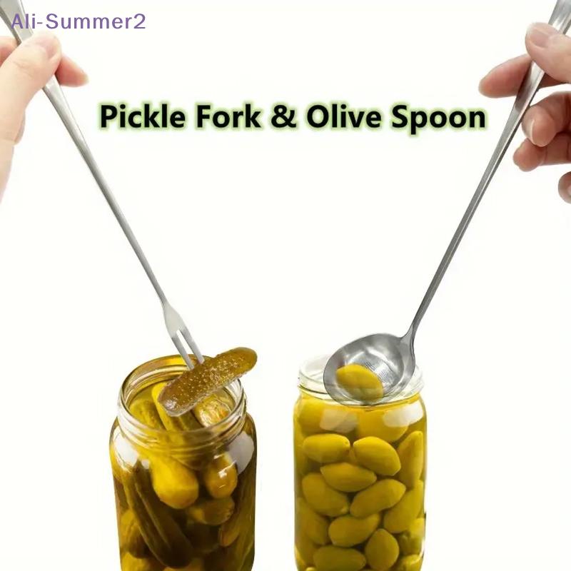 {Summer2} {Summer2} 2Pcs Stainless Steel Pickle Forks Spoon Long Handle Jar Pickle Grabber Canning Fork Spoon Fruit Fork