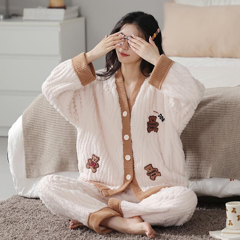 Зимняя толстая фланелевая пижама для женщин с милым рисунком медведя, женская пижама для девочек, кимоно в стиле бархатного кардигана, пижама