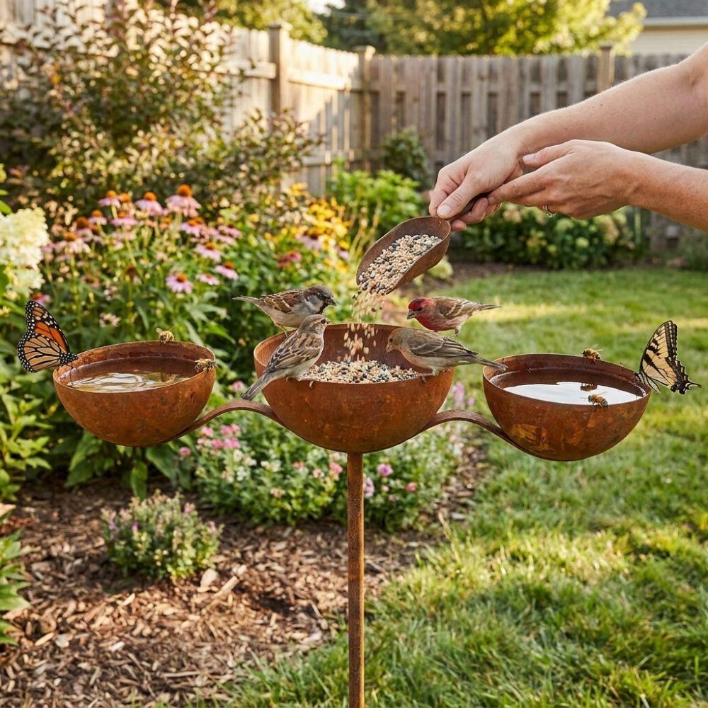 Rusted 3-Tiered Bird Bath Metal Bird Feeding Station Multi-Purpose Bird Water Bowls  Yard
