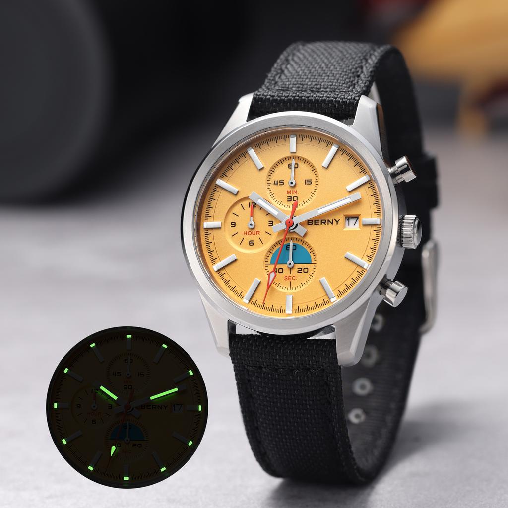 BERNY Chronograph Quartz Men Watch Luminous Miyota OS10 Top Luxury AR Coated Sapphire 5ATM Waterproof Sports Men’s Watches
