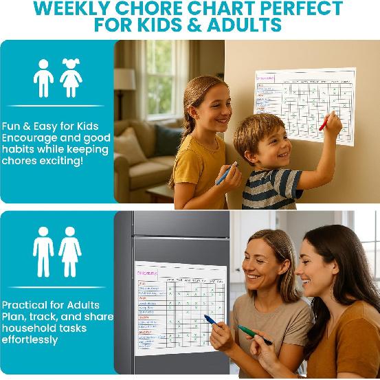 Iconikal 2-Pack Magnetic Dry Erase Chore Meal Chart 14x11-Inch Planner Schedule WOD Goal Tracker Grid Refrigerator Whiteboard Home Office