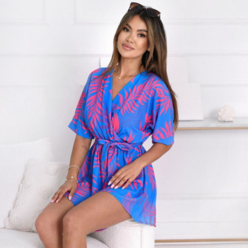 Новые летние свободные повседневные комбинезоны с коротким рукавом, женские элегантные облегающие пляжные комбинезоны с V-образным вырезом, женские комбинезоны с принтом, модные боди Lade-up 26100