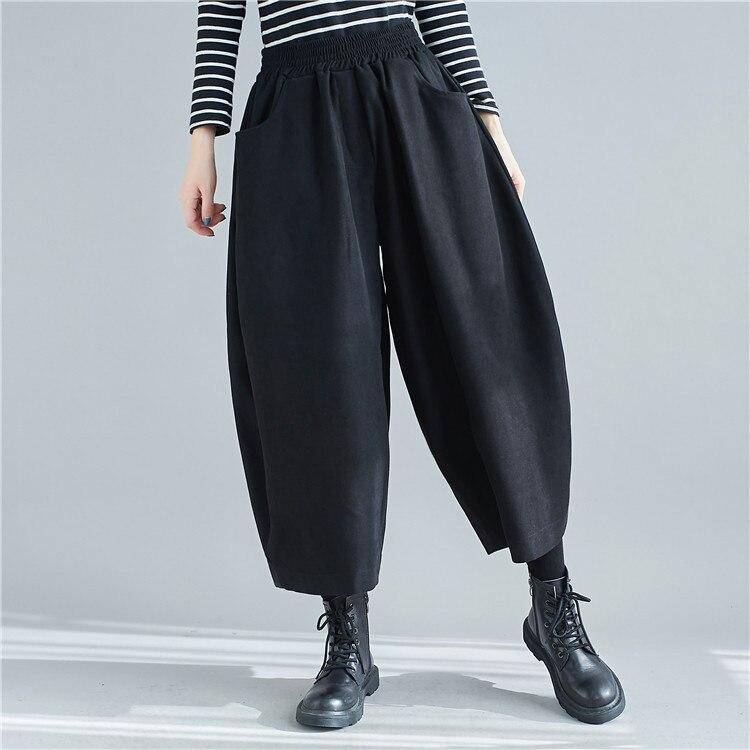 Johnature Spring Autumn Casual Thicken Harem Pants Simple Elastic Waist Loose Soild Color Ankle-lenght Women Pants