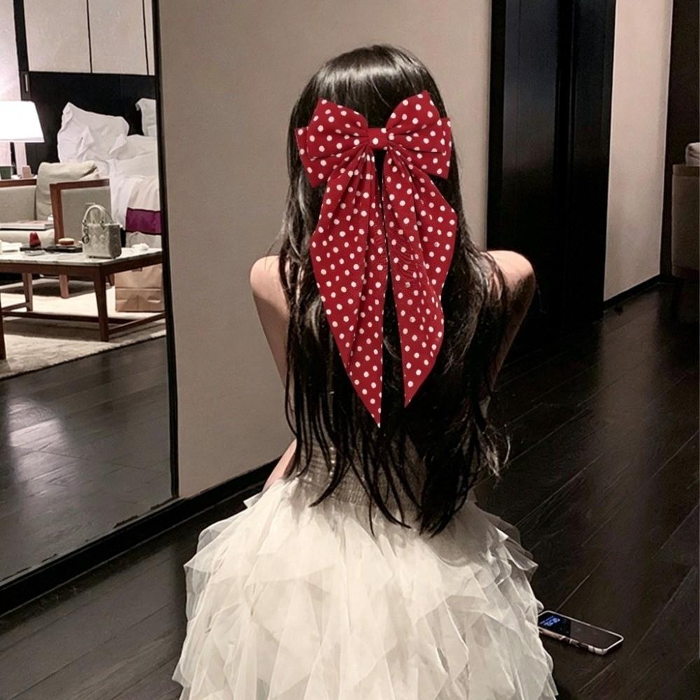Floating Ribbon Polka Dot Hair Clip Polka Dot Pattern Long Ribbon Hair Clip For Women