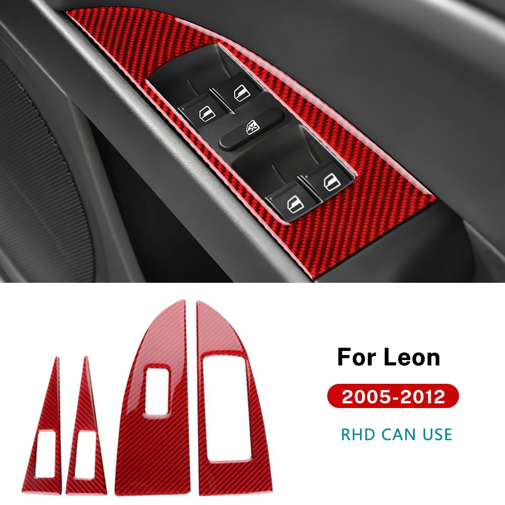 Real Soft Carbon Fiber For Seat Leon 2005 2006 2007 2008 2009 2010 2011 2012 Car 4-Door Window Button Panel Sticker Accessories