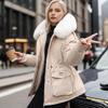 Winter Women Coat Cotton Jacket Furry Hood Thickened Plush Mid Length Long Sleeves Elastic Waist Zipper Closure Pockets