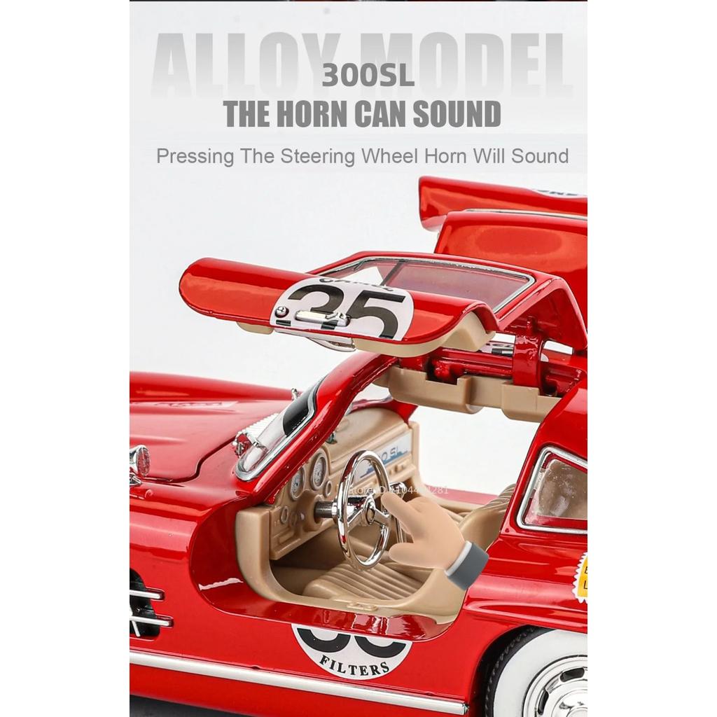 1/24 Scale BENZ 300SL Toys Cars Alloy Diecast Model 4 Doors Opened Front Wheel Steering Sound Light Vehices for Children's Gift