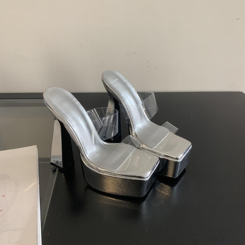 Fashion Super High-heel Women PVC Transparent Platform Slippers Designer Square Toe High Heels Slippers Nightclub High Heel Women Slides