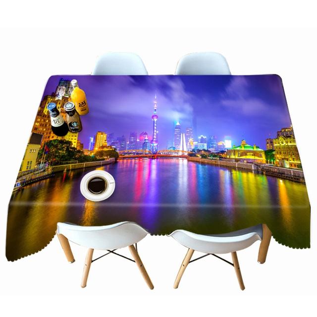 Harbour City Nightscape Pattern Tablecloth Dustproof Thicken Cotton Rectangular Round Table Cloth For Wedding Picnic Party