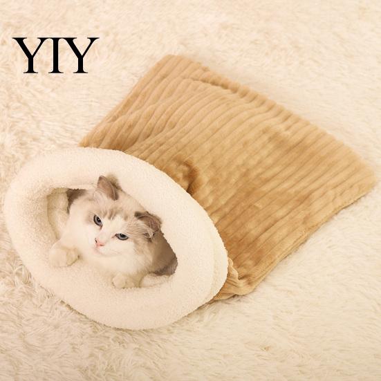 Indoor Cat House Sleeping Bag Cave Bed, Thick Flannel Enclosed Nest, Warm Cloud Fleece Pet Small Animal Bedding Bed for Winter, 2 in 1 Convertible Mat