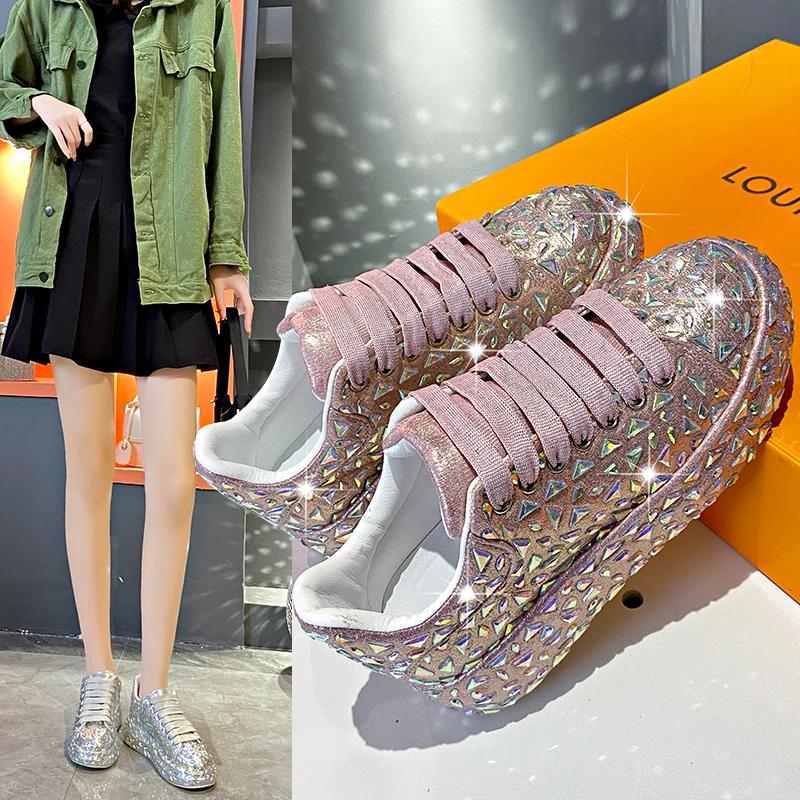 Весенняя мода роскошные вулканизированные туфли со стразами новые женские кроссовки на платформе со шнуровкой для прогулок на открытом воздухе