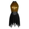 Womens Lyrical Dance Dress Ruched Metallic Mesh Rhinestone Detail Irregular Hem Sleeveless Backless Built In Briefs Leotard