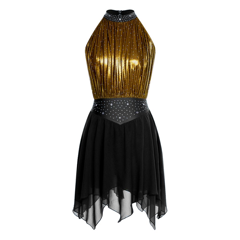 Womens Lyrical Dance Dress Ruched Metallic Mesh Rhinestone Detail Irregular Hem Sleeveless Backless Built In Briefs Leotard