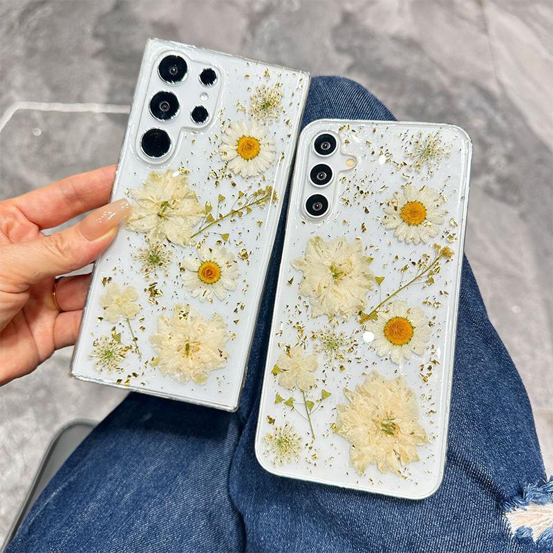 Подходит для чехла на мобильный телефон Samsung S25Ultra S24 Цветок Ромашки Блестки A55 Настоящий Цветок S23Plus Прозрачный Золотая Фольга