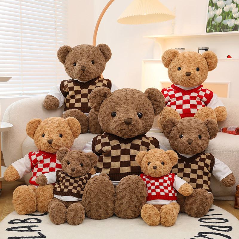 Checkered sweater teddy bear doll for girlfriend bear companion pillow home ornament children's holiday gift