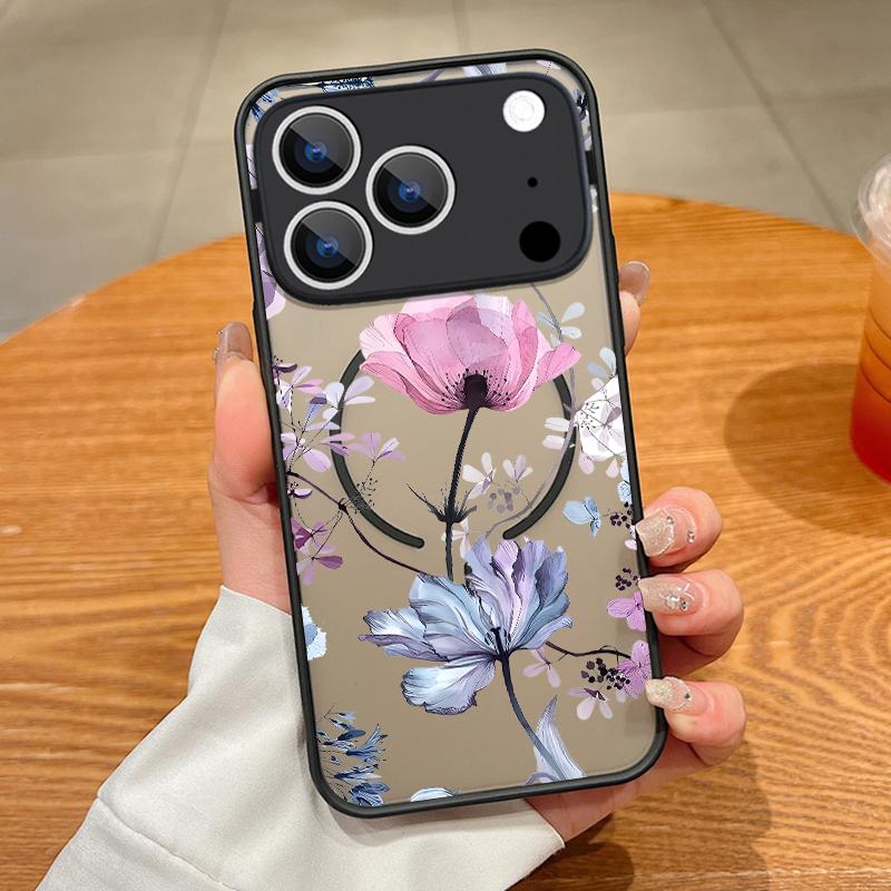 Чехол с принтом 'Роскошные цветы' для iPhone 17 18 Pro Max Магнитный для Magsafe Тонкий Гибридный Матовый Чехол для iPhone 16 15 14 13 Pro Max 17E