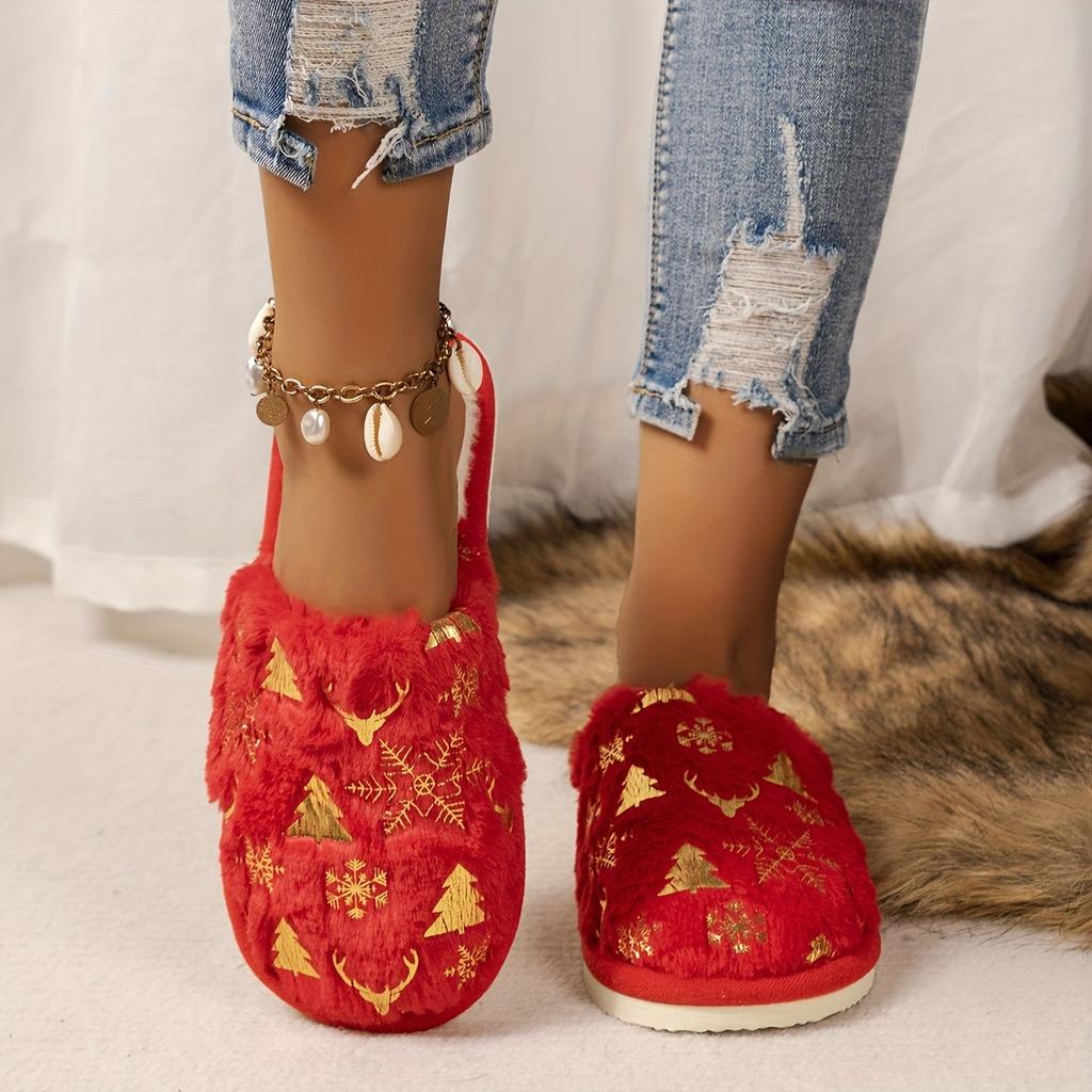 Christmas Pattern Plush Winter Slippers, Cozy & Warm Slip On Fuzzy Flat Shoes, Closed Toe Indoor Floor Slippers