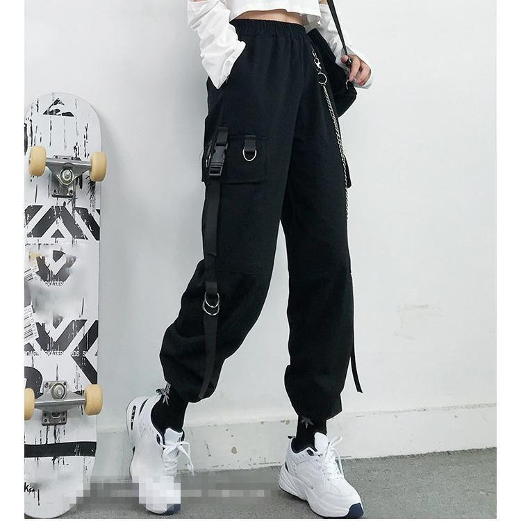 Женские брюки-карго, черные джоггеры, высокая талия, шаровары в стиле Харадзюку, панк-готика, techwear, цепные брюки, женские, хип-хоп