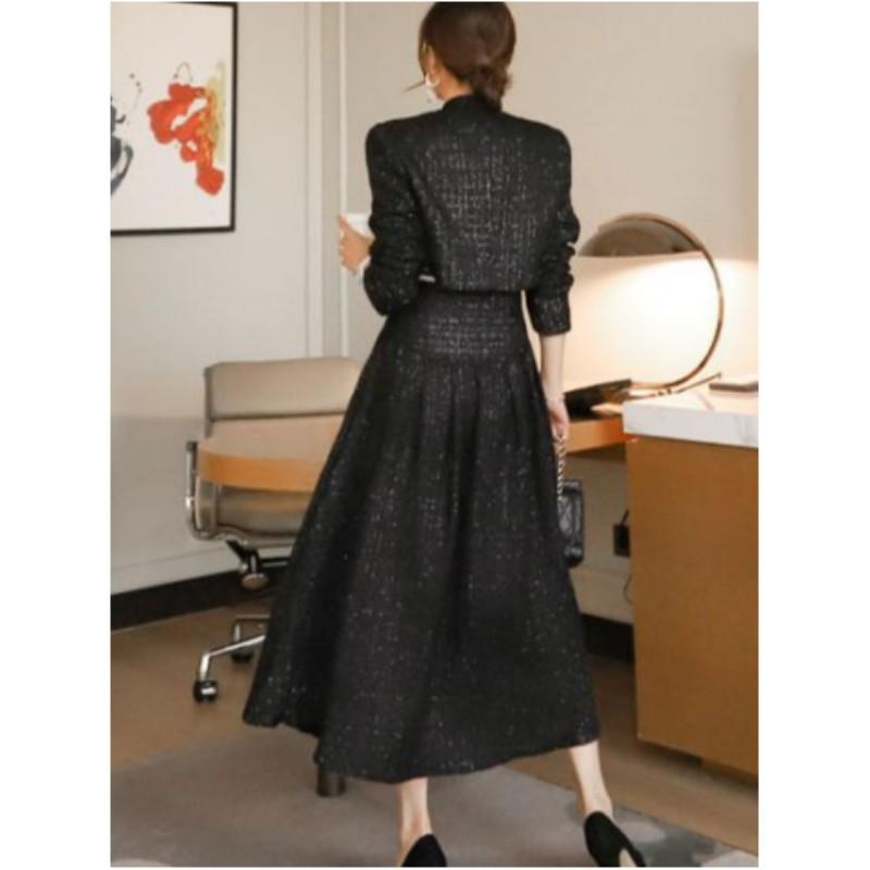 Женский комплект на весну и осень, темпераментный и элегантный, короткий твидовый жакет + утягивающая талию широкая юбка-солнце, комплект из двух предметов