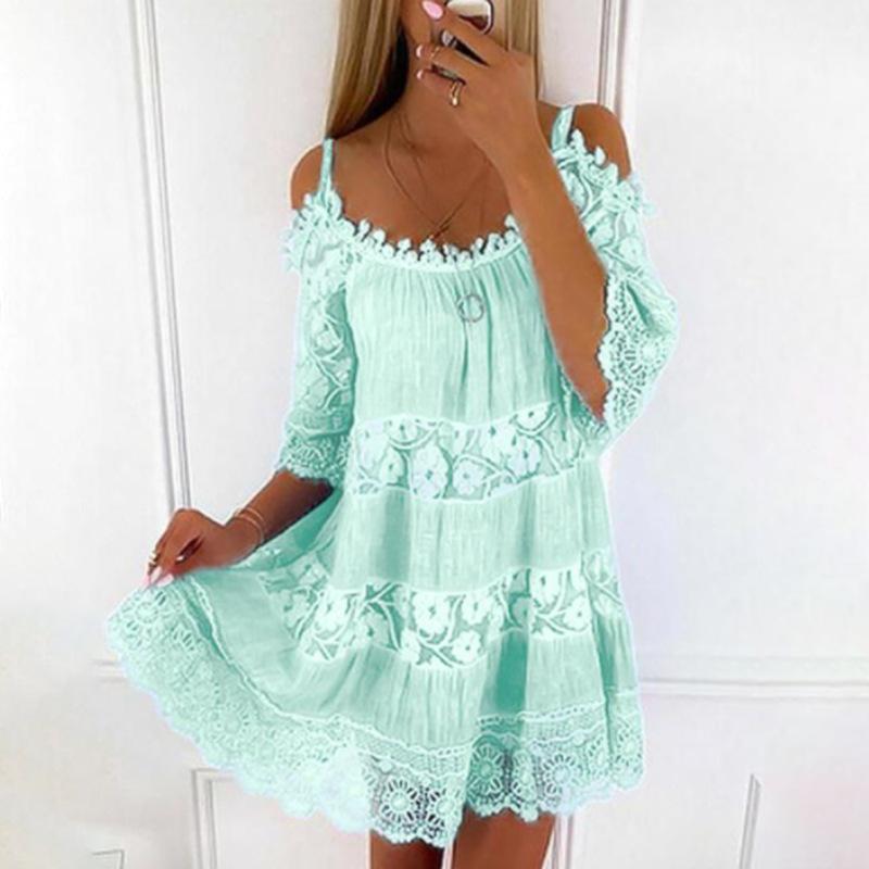 Embroidery Crochet Lace Cold Shoulder Mini Dress Women Scoop Neck Half Sleeves Mid-Rise Loose Fit Summer Dress Lady Beach Dress