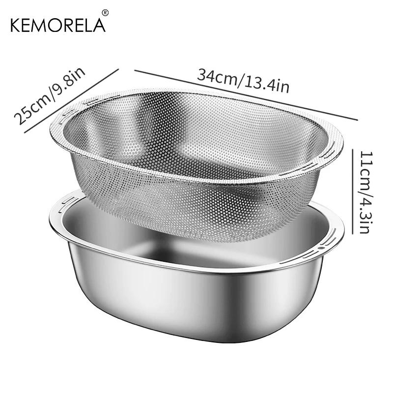 2 in 1 Stainless Steel Rice Washing Basin With Drain Net Oval Shape 304 Vegetable Washing Basin Kitchen Home Fruit Drain Basket