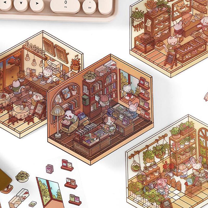 1 лист 3D Пейзаж Хижина Сумка Наклейки Наклейка для питомца Милый мультфильм Карманный DIY Сцена Ландшафтный Декор Наклейка