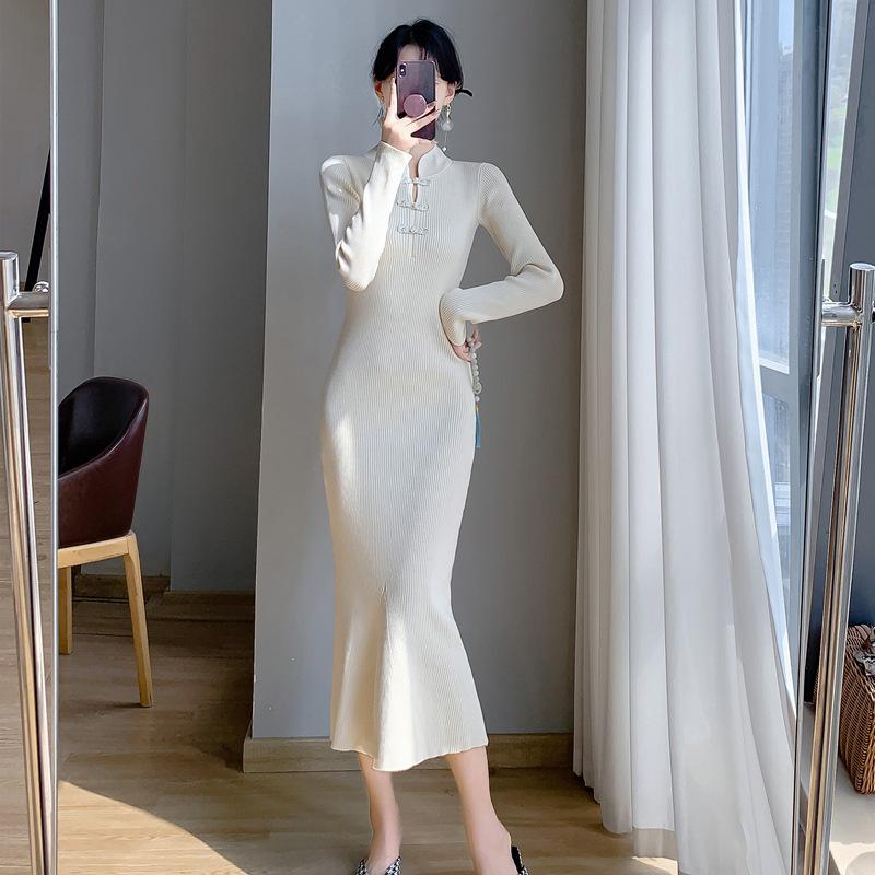 Осенне-зимнее ретро китайское платье ципао «рыбий хвост» вязаное для женщин