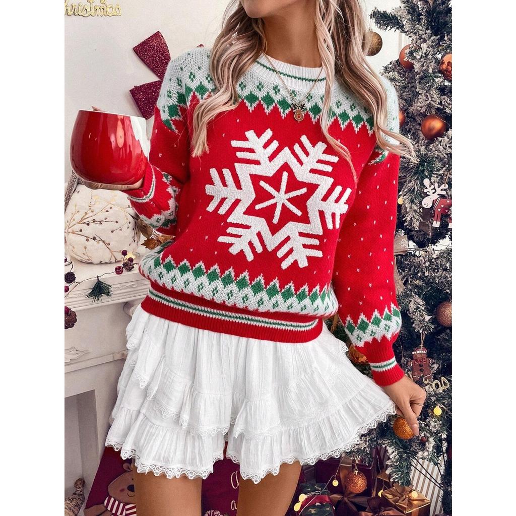 Fall Winter Christmas Snowflake Fair Isle Jacquard Sweater, Loose Crew Neck Long Sleeve Knit Top for Women, European American Crossborder