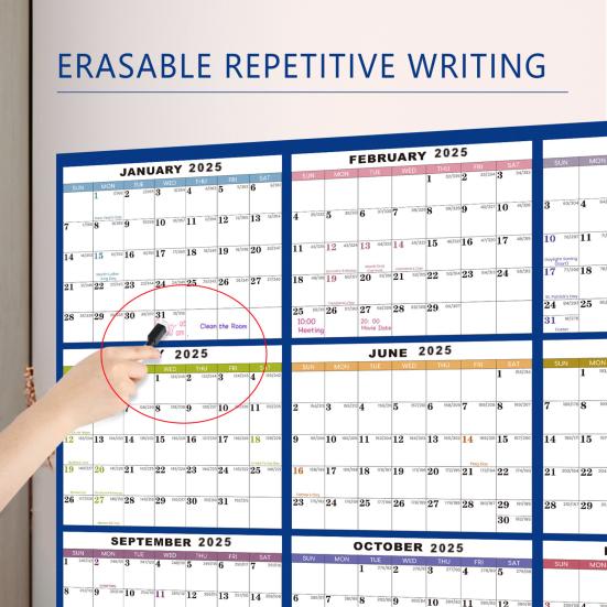 Настенный календарь 2025 года стираемый, двусторонний, стираемый влажным и сухим способом, ламинированный, ежегодный ежегодный планировщик