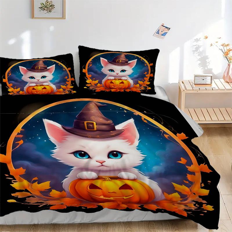 3pcs Halloween Cute White Cat Pumpkin Quilt Set - Soft and Comfortable Bedroom, Guest Room and Dorm Decor Bedding Set 1 Quilt Cover + 2 Pillowcas