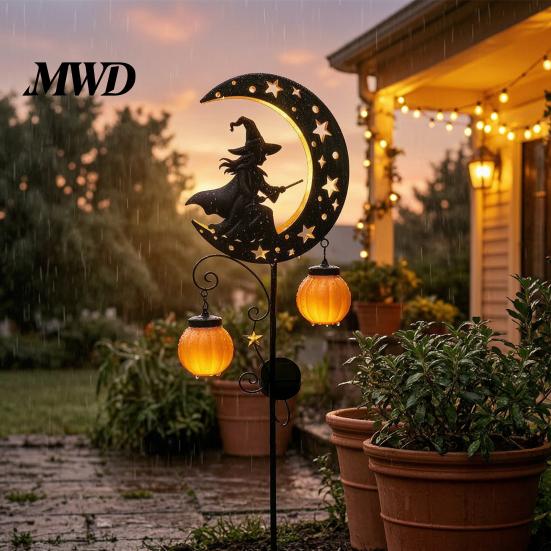 Automatic Light for Walkway Solar Halloween Witch Pumpkin Moon Garden Stake Light, Waterproof on Crescent Metal Yard Ornaments with Lantern,