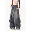 Women Blue Jeans Cargo Pants Streetwear High Waist American Wide Leg Pants Y2K Female Winter Straight Trousers