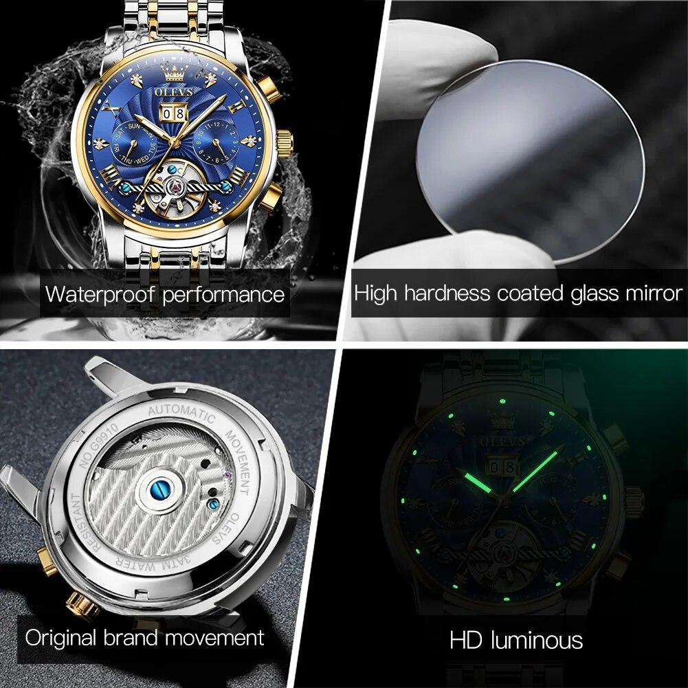 OLEVS 9910 Tourbillon Automatic Watch for Men Luxury Skeleton Men's Mechanical Wristwatch Stainless Steel Top Original Man Watch