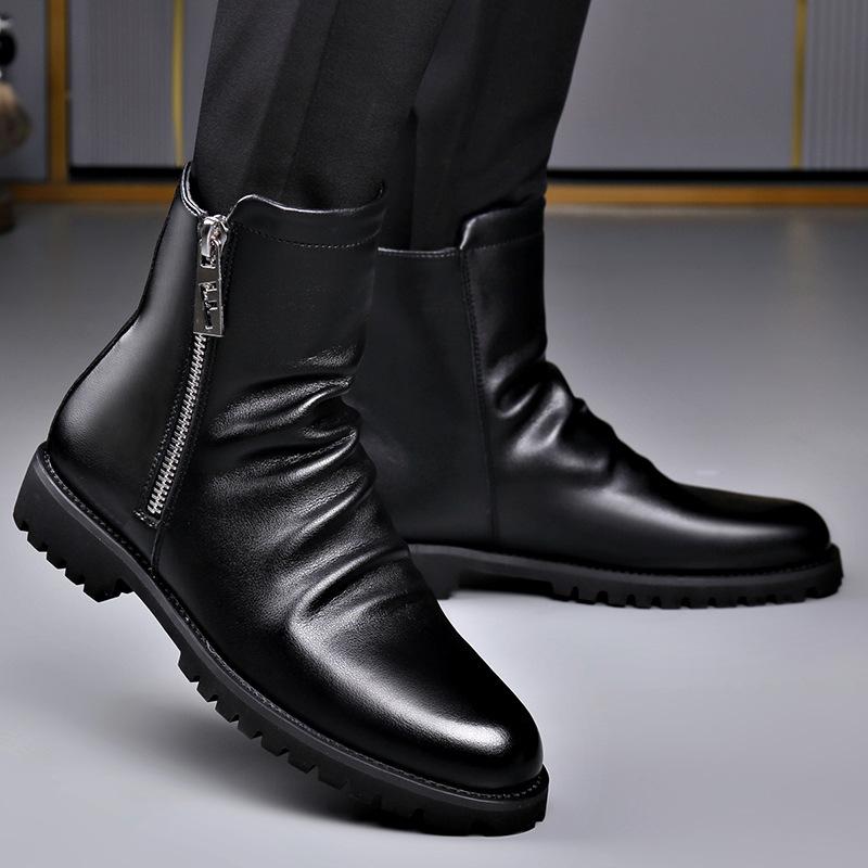 Модные осенне-зимние черные кожаные ботильоны для мужчин, модные повседневные новые дизайнерские шерстяные теплые хлопковые туфли, мужские ботинки большого размера на платформе