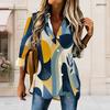 Women Plus Size Geometric Printed Collared Long Sleeve Button Front High Low Curved Hem Shirt
