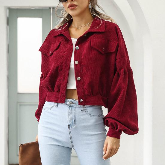 Осенняя женская укороченная куртка с лацканами и рукавами-фонариками, однотонное однобортное пальто, верхняя одежда, винтажное вельветовое пальто