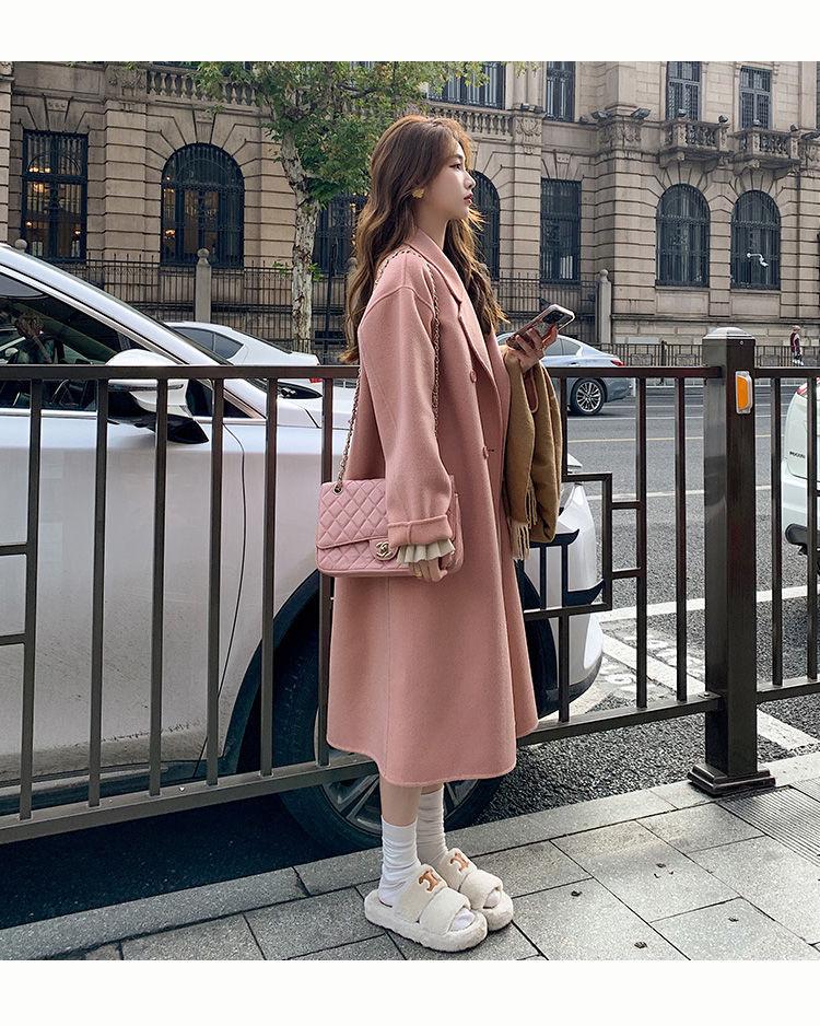 Women's Pink Double-Faced Cashmere Mid-Length Hepburn-Style Coat - 2025 Autumn/Winter Korean Fashion