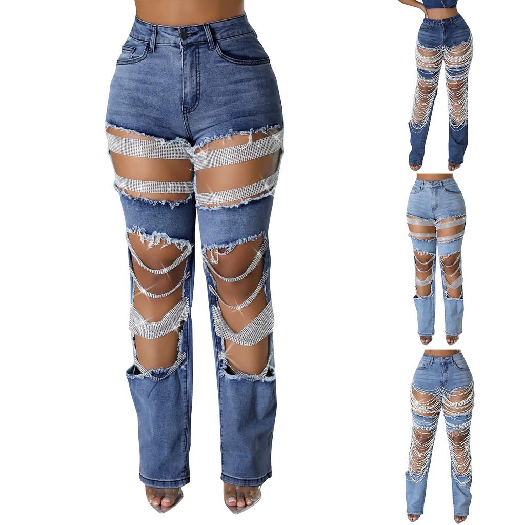 Broken Hole Heavy Industry Nail Bead Elastic Jeans Pants For Women
