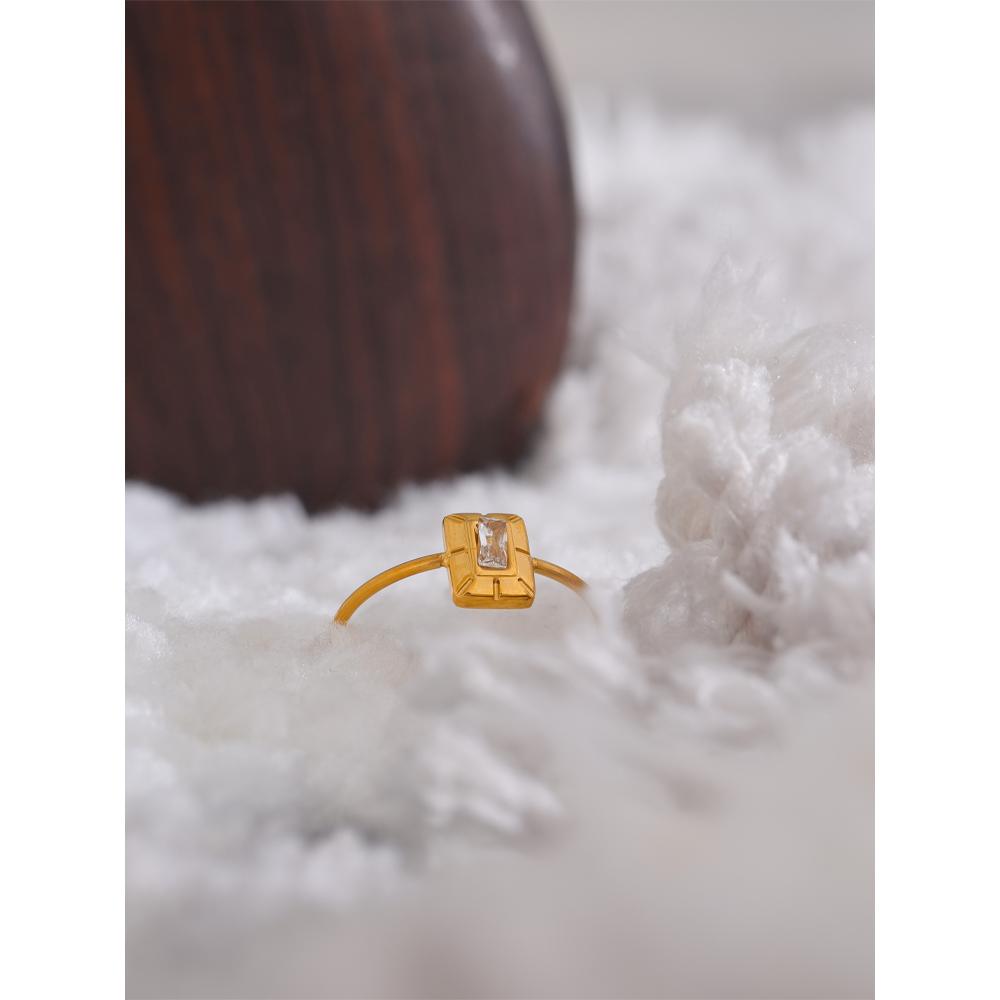 Yhpup Thin Stainless Steel Square Cubic Zirconia Gold Color Ring Chic Metal 18K PVD Plated Jewelry New