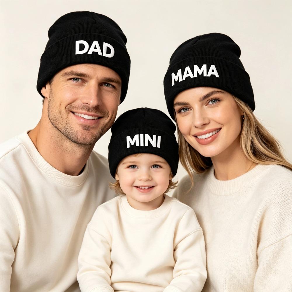 Embroidered Knit Beanie Hat DAD MAMA MINI Parent-child Cap Vintage Knitted Skull Cap Gifts