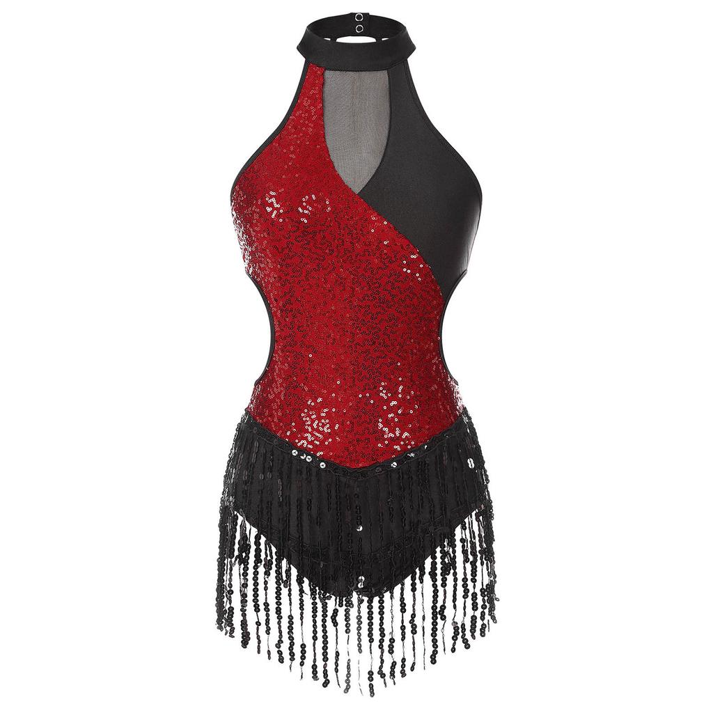 Womens Latin Dance Costume Sparkling Sequin Color Block Patchwork Bodysuit Sleeveless Fringed Leotard