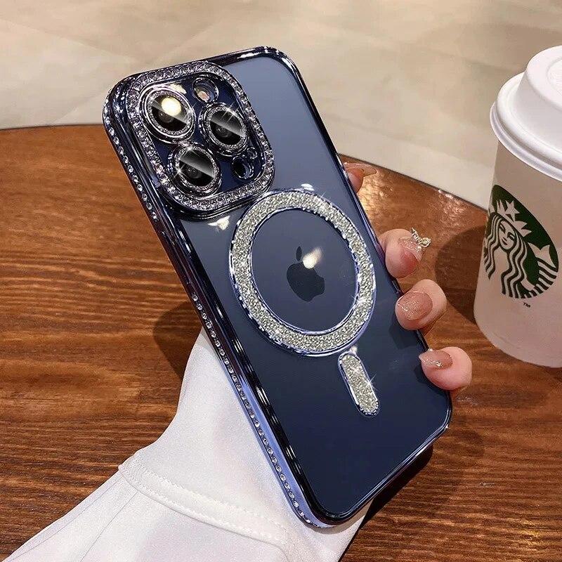 Новый модный блестящий чехол со стразами для iPhone 15 11 12 13 14 Pro Max Plus Magsafe, магнитный, с беспроводной зарядкой, прозрачный блестящий чехол