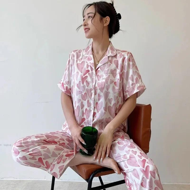 Pijama Satin Ipak Bahor Yoz Qisqa Yengli Uzun Shim Sevgi Yuragi Yupqa Uyqu Kiyimi Ayollar Salqin Pijamalar Ayollar Pijamalari