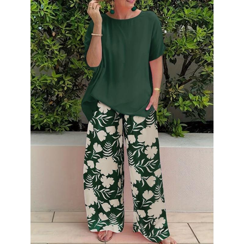 YYFS Женская мода повседневная летняя весенняя цветочная модель с принтом, короткие рукава, О-образный вырез, брюки, костюмы