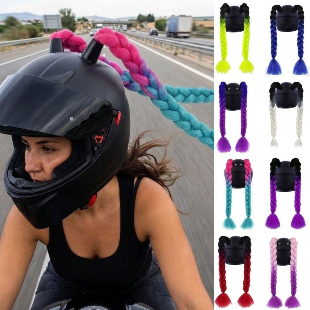 2pcs/pair Helmets Decor Woman Braids Wig With Sucker Twist Dual Pigtail Ponytail for Motor Bike