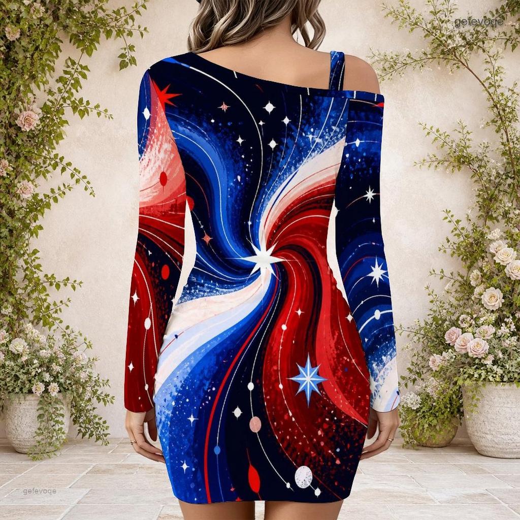 Women Plus Size One Shoulder Long Sleeve Bodycon Mini Dress American Flag Eagle Printed